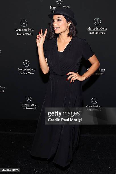 Rosario Dawson is seen backstage at Lincoln Center for the Performing Arts during Mercedes-Benz Fashion Week Fall 2015 on February 14, 2015 in New...