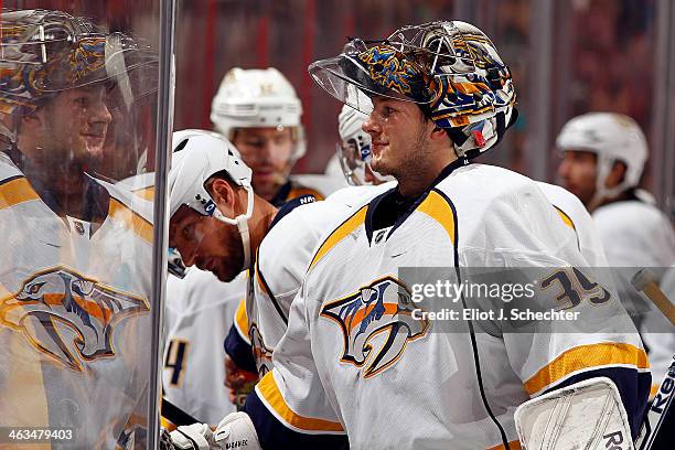 Goaltender Marek Mazanec of the Nashville Predators cools off during a break in the action against the Florida Panthers at the BB&T Center on January...