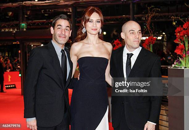 Fernando Eimbcke, Olga Kurylenko and Joshua Oppenheimer attend the Closing Ceremony of the 65th Berlinale International Film Festival on February 14,...