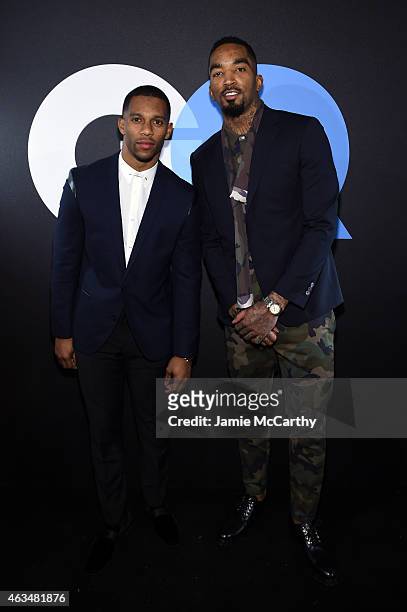 Football player Victor Cruz and basketball player J.R. Smith attend GQ and LeBron James Celebrate All-Star Style on February 14, 2015 in New York...