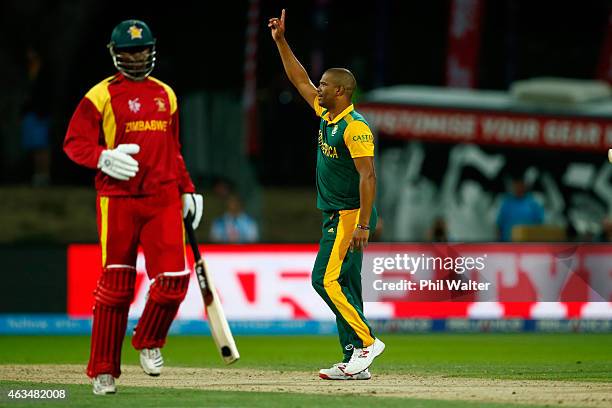 Vernon Philander of South Africa celebrates his wicket of Solomon Mire of Zimbabwe during the 2015 ICC Cricket World Cup match between South Africa...