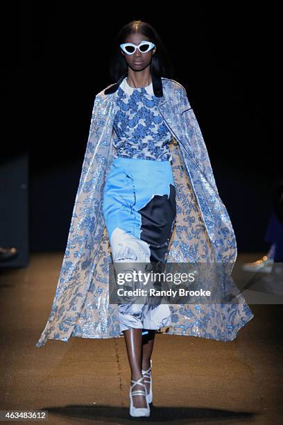 Model walks the runway at Naomi Campbell's Fashion For Relief Charity Fashion Show during Mercedes-Benz Fashion Week Fall 2015 at The Theatre at...