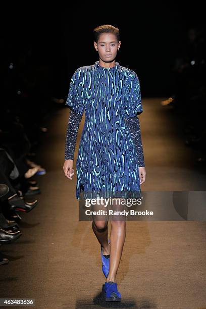 Model walks the runway at Naomi Campbell's Fashion For Relief Charity Fashion Show during Mercedes-Benz Fashion Week Fall 2015 at The Theatre at...