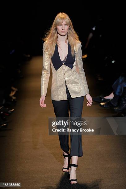 Model walks the runway at Naomi Campbell's Fashion For Relief Charity Fashion Show during Mercedes-Benz Fashion Week Fall 2015 at The Theatre at...