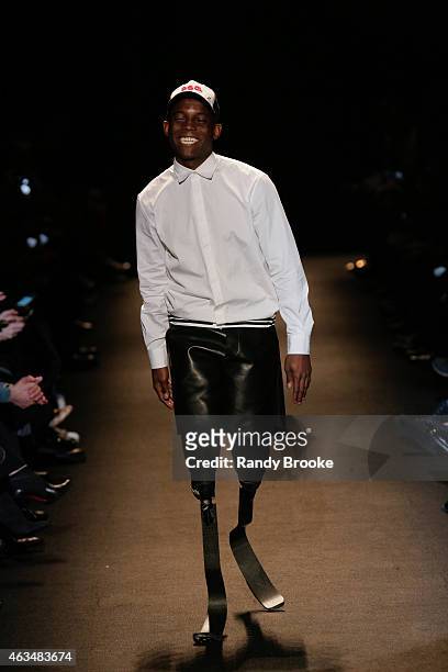 Blake Leeper walks the runway at Naomi Campbell's Fashion For Relief Charity Fashion Show during Mercedes-Benz Fashion Week Fall 2015 at The Theatre...
