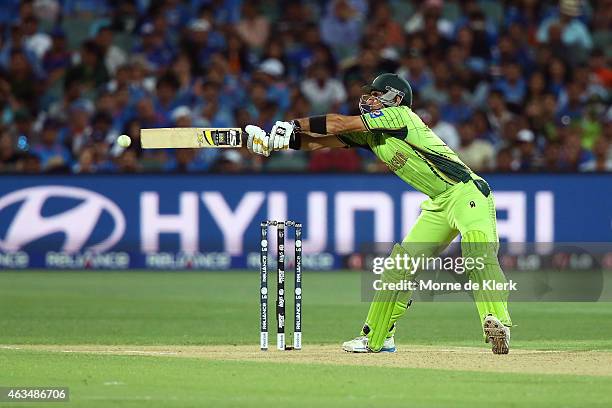 Misbah ul Haq of Pakistan bats during the 2015 ICC Cricket World Cup match between India and Pakistan at Adelaide Oval on February 15, 2015 in...