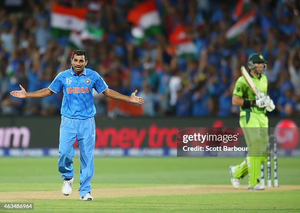 Mohammed Shami of India celebrates after dismissing Misbah-ul-Haq of Pakistan during the 2015 ICC Cricket World Cup match between India and Pakistan...