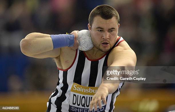 Zane Duquemin competes in the mens shot put during the Sainsbury's British Athletics Indoor Championships at English Institute of Sport on February...