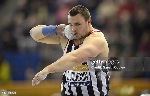 Zane Duquemin competes in the mens shot put during the Sainsbury's British Athletics Indoor Championships at English Institute of Sport on February...