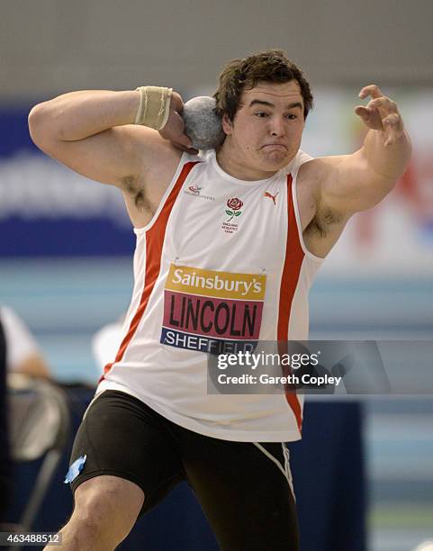 Scott Lincoln competes in the mens shot put during the Sainsbury's British Athletics Indoor Championships at English Institute of Sport on February...