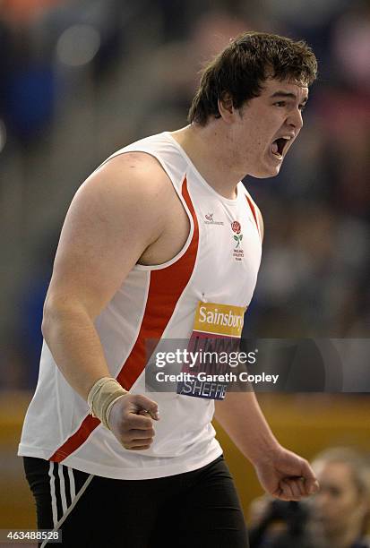 Scott Lincoln reacts after a successful throw in the mens shot put during the Sainsbury's British Athletics Indoor Championships at English Institute...