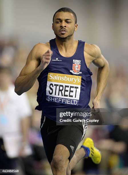 Josh Street competes in the mens 200 metres heats during the Sainsbury's British Athletics Indoor Championships at English Institute of Sport on...