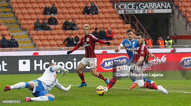 Mattia Destro of Milan scores the opening goal during the Serie A match between AC Milan and Empoli FC at Stadio Giuseppe Meazza on February 15, 2015...