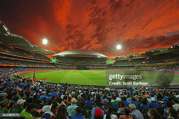 General view as the sun sets during the 2015 ICC Cricket World Cup match between India and Pakistan at Adelaide Oval on February 15, 2015 in...