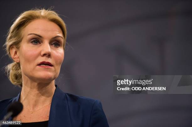 Danish prime minister Helle Thorning-Schmidt addresses a press conference in Copenhagen on February 15, 2015 after two fatal attacks in the Danish...