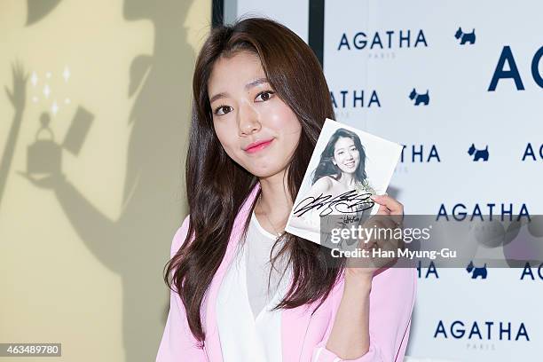 South Korean actress Park Shin-Hye attends the autograph session for Agatha Paris at Shinsegae Department Store on February 14, 2015 in Seoul, South...