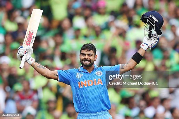 Virat Kohli of India celebrates his century during the 2015 ICC Cricket World Cup match between India and Pakistan at Adelaide Oval on February 15,...