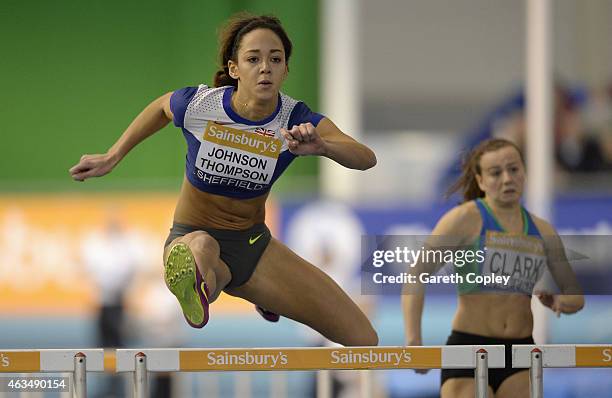 Katarina Johnson-Thompson competes in the womens 60 metre hurdles during the Sainsbury's British Athletics Indoor Championships at English Institute...