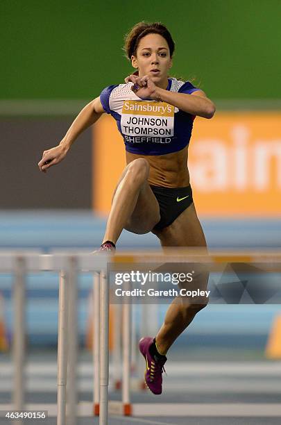 Katarina Johnson-Thompson competes in the womens 60 metre hurdles during the Sainsbury's British Athletics Indoor Championships at English Institute...