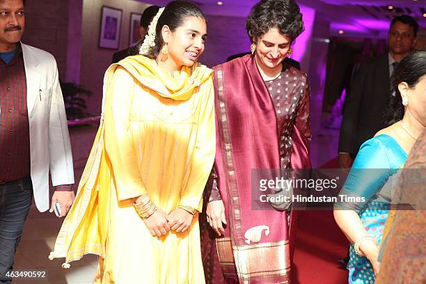 Miraya Vadra and Priyanka Gandhi Vadra during the wedding reception of Member of Parliament T Subbarami Reddy's grandson Rajiv Reddy and Kavya at...