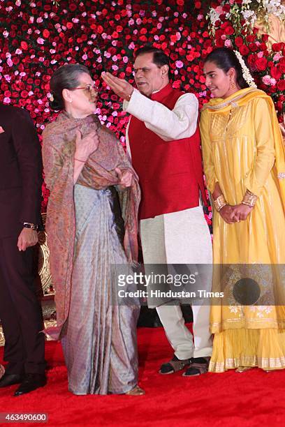 Indian politicians Sonia Gandhi with T Subbarami Reddy and Miraya Vadra during the wedding reception of his grandson Rajiv Reddy and Kavya at Ashoka...