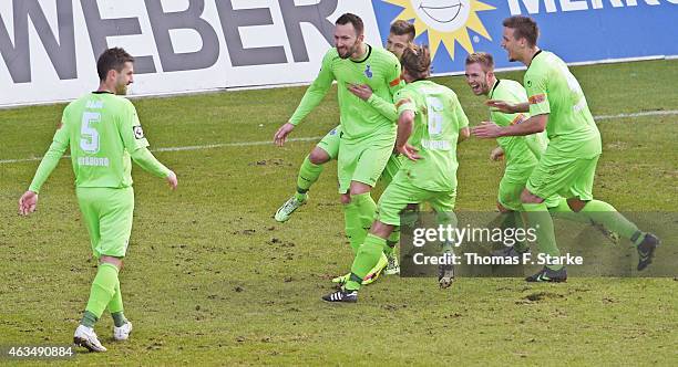 Players of Duisburg celebrate during the Third League match between Arminia Bielefeld and MSV Duisburg at Schueco Arena on February 15, 2015 in...