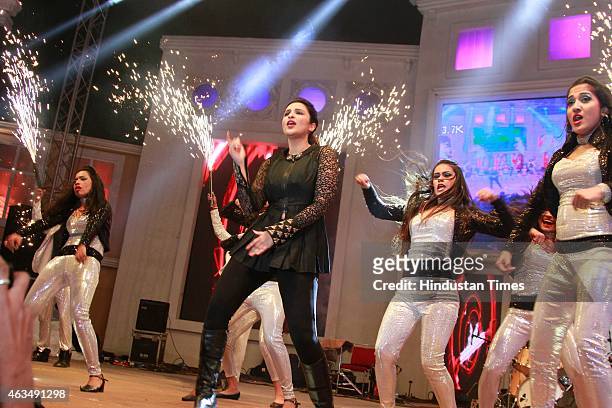 Bollywood actor Parineeti Chopra performs during the wedding reception of Shrey Aeren and Shaloo Aeren, hosted by Sanjeev Aeren and his wife Sunita...