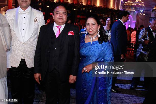 Vinod Aggarwal and Lakshmi Aggarwal , parents of bride, during the wedding reception of Shrey Aeren and Shaloo Aeren, hosted by Sanjeev Aeren and his...