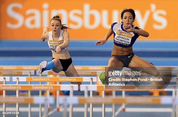 Katarina Johnson-Thompson of Great Britain in action in the womens 60m hurdles during day two of the Sainsbury's British Athletics Indoor...