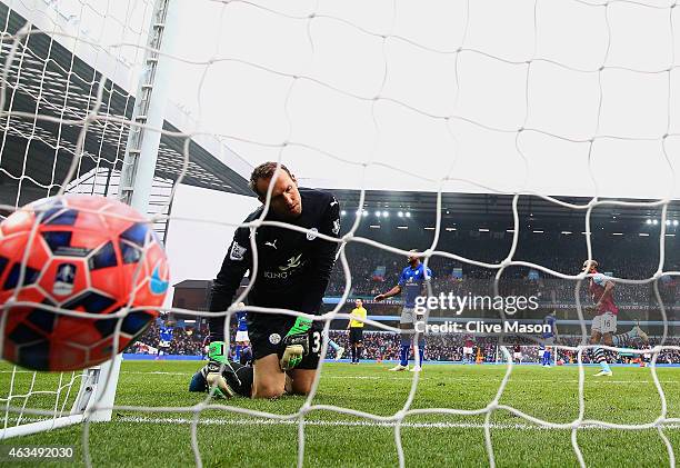 Mark Schwarzer of Leicester City reacts as the ball hits the back of the net after Scott Sinclair of Aston Villa scored their second and winning goal...