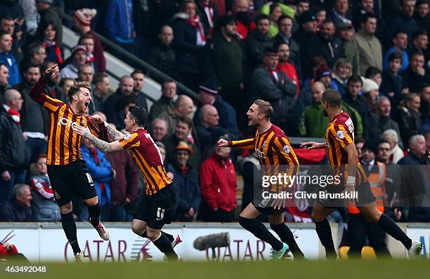 Jon Stead, Billy Knott, Gary Liddle and James Meredith of Bradford celebrate after John O'Shea of Sunderland scored an own goal during the FA Cup...