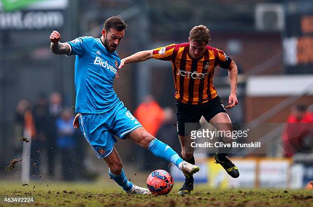 Steven Fletcher of Sunderland battles for the ball with Stephen Darby of Bradford during the FA Cup Fifth Round match between Bradford City and...