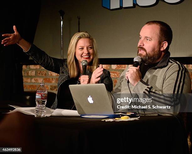 Comedian Christina Pazsitzky and comedian Tom Segura doing the "Your Mom's House" podcast at The Ice House Comedy Club on February 14, 2015 in...