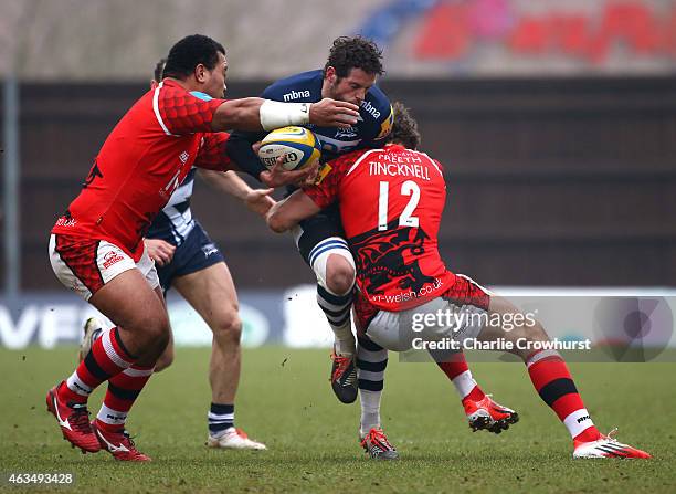 Nick Macleod of Sale looks to get past London Welsh's James Tincknell during the Aviva Premiership match between London Welsh and Sale Sharks at The...