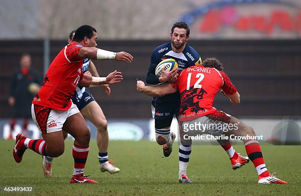 Nick Macleod of Sale looks to get past London Welsh's James Tincknell during the Aviva Premiership match between London Welsh and Sale Sharks at The...