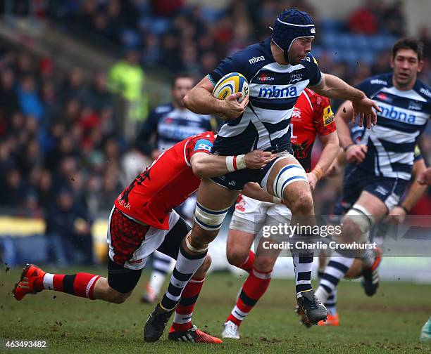 Josh Beaumont of Sale attacks the Welsh defence during the Aviva Premiership match between London Welsh and Sale Sharks at The Kassam Stadium on...