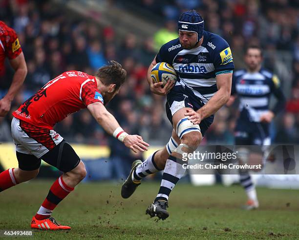 Josh Beaumont of Sale attacks the Welsh defence during the Aviva Premiership match between London Welsh and Sale Sharks at The Kassam Stadium on...