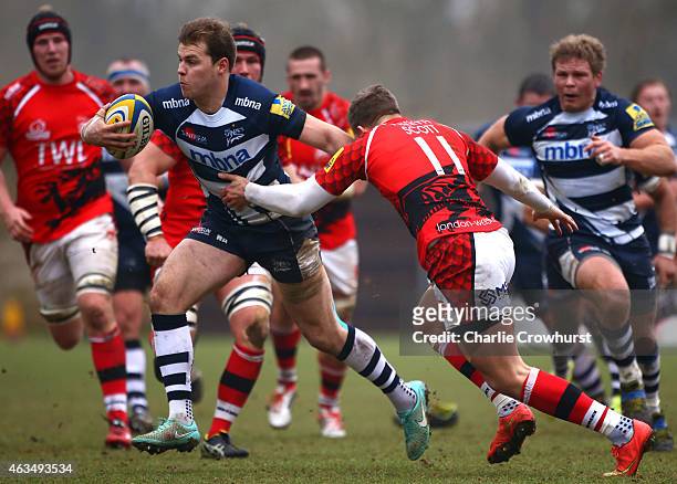Will Addison of Sale breaks through the London Welsh defence line during the Aviva Premiership match between London Welsh and Sale Sharks at The...