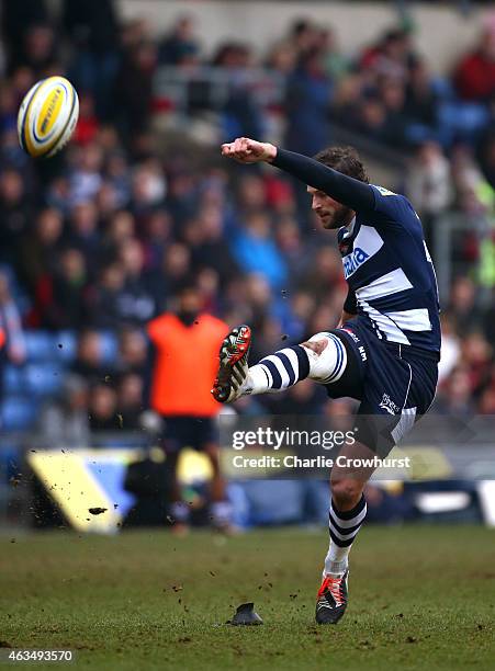 Nick Macleod of Sale kicks a conversion during the Aviva Premiership match between London Welsh and Sale Sharks at The Kassam Stadium on February 15,...