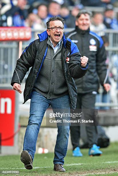 Head coach Norbert Meier of Bielefeld celebrates during the Third League match between Arminia Bielefeld and MSV Duisburg at Schueco Arena on...
