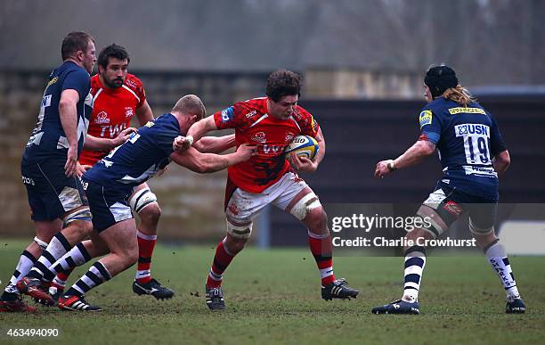 Ben Pienaar of London Welsh attempts to break away during the Aviva Premiership match between London Welsh and Sale Sharks at The Kassam Stadium on...