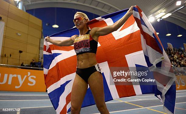 Jenny Meadows celebrates winning the womens 800 metres during the Sainsbury's British Athletics Indoor Championships at English Institute of Sport on...