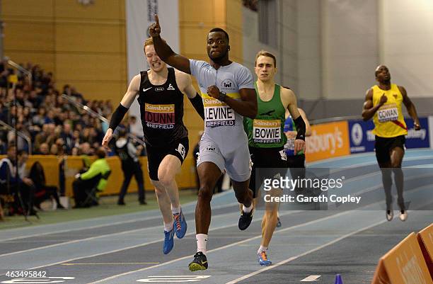 Nigel Levine celebrates winning gold in the mens 400 metres during the Sainsbury's British Athletics Indoor Championships at English Institute of...