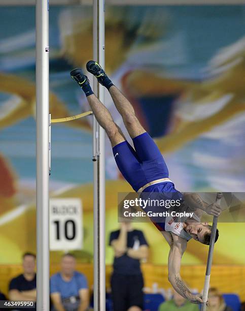 Luke Cutts competes in the mens pole vault during the Sainsbury's British Athletics Indoor Championships at English Institute of Sport on February...