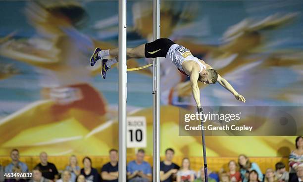 Max Eaves competes in the mens pole vault during the Sainsbury's British Athletics Indoor Championships at English Institute of Sport on February 15,...