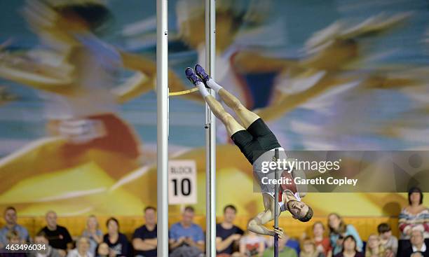 Max Eaves competes in the mens pole vault during the Sainsbury's British Athletics Indoor Championships at English Institute of Sport on February 15,...