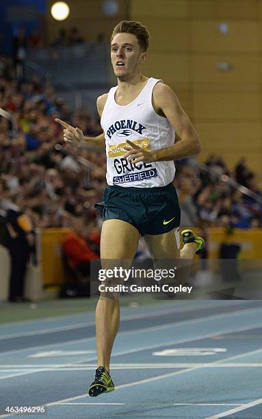 Charlie Grice celebrates winning the mens 1500 metres during the Sainsbury's British Athletics Indoor Championships at English Institute of Sport on...