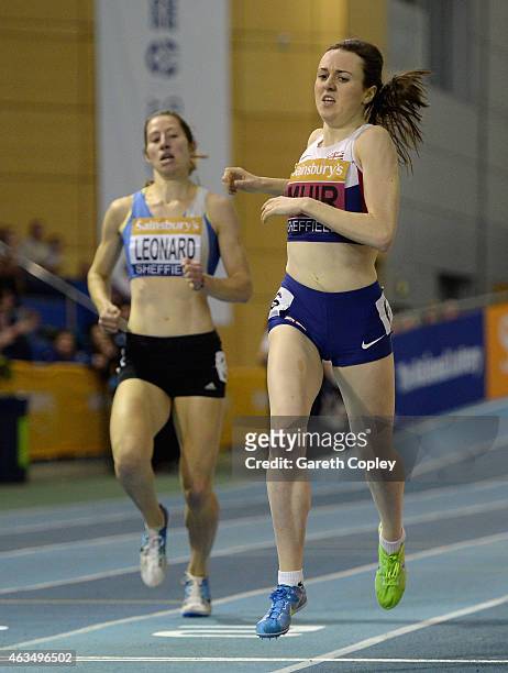 Laura Muir on her way to winning gold in the womens 1500 metres during the Sainsbury's British Athletics Indoor Championships at English Institute of...