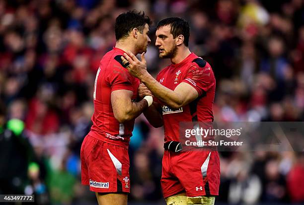 Mike Phillips of Wales and Sam Warburton of Wales celebrate their team's 26-23 victory as the final whistle blows during the RBS Six Nations match...