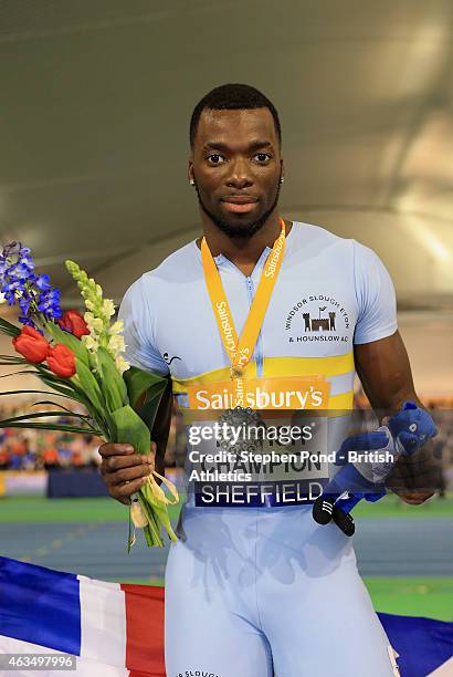 Winner Nigel Levine of Great Britain poses with his medal after the mens 400m during day two of the Sainsbury's British Athletics Indoor...